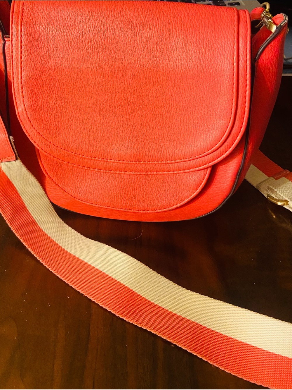 Vintage Coral Crossbody Saddle Bag with Cream and Coral Stripe Strap